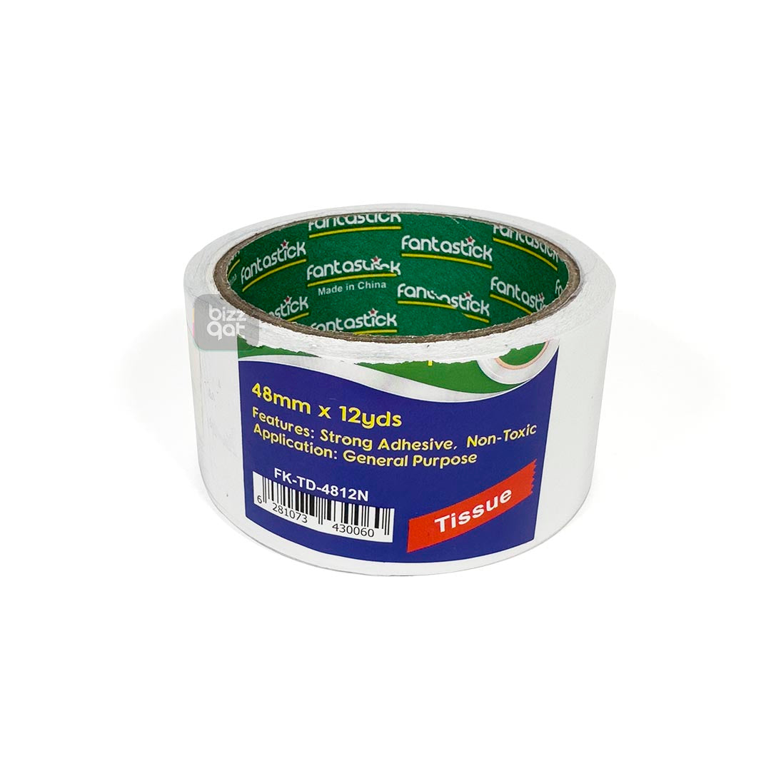 The FANTASTICK Double-Sided Tape 2"X12YARDS PK 3 ROLL is an adhesive tape with adhesive on both sides of the tape. The specifications of this tape are as follows: Tape width: 2 inches Tape length: 12 yards per roll Pack quantity: 3 rolls per pack Adhesive type: Double-sided