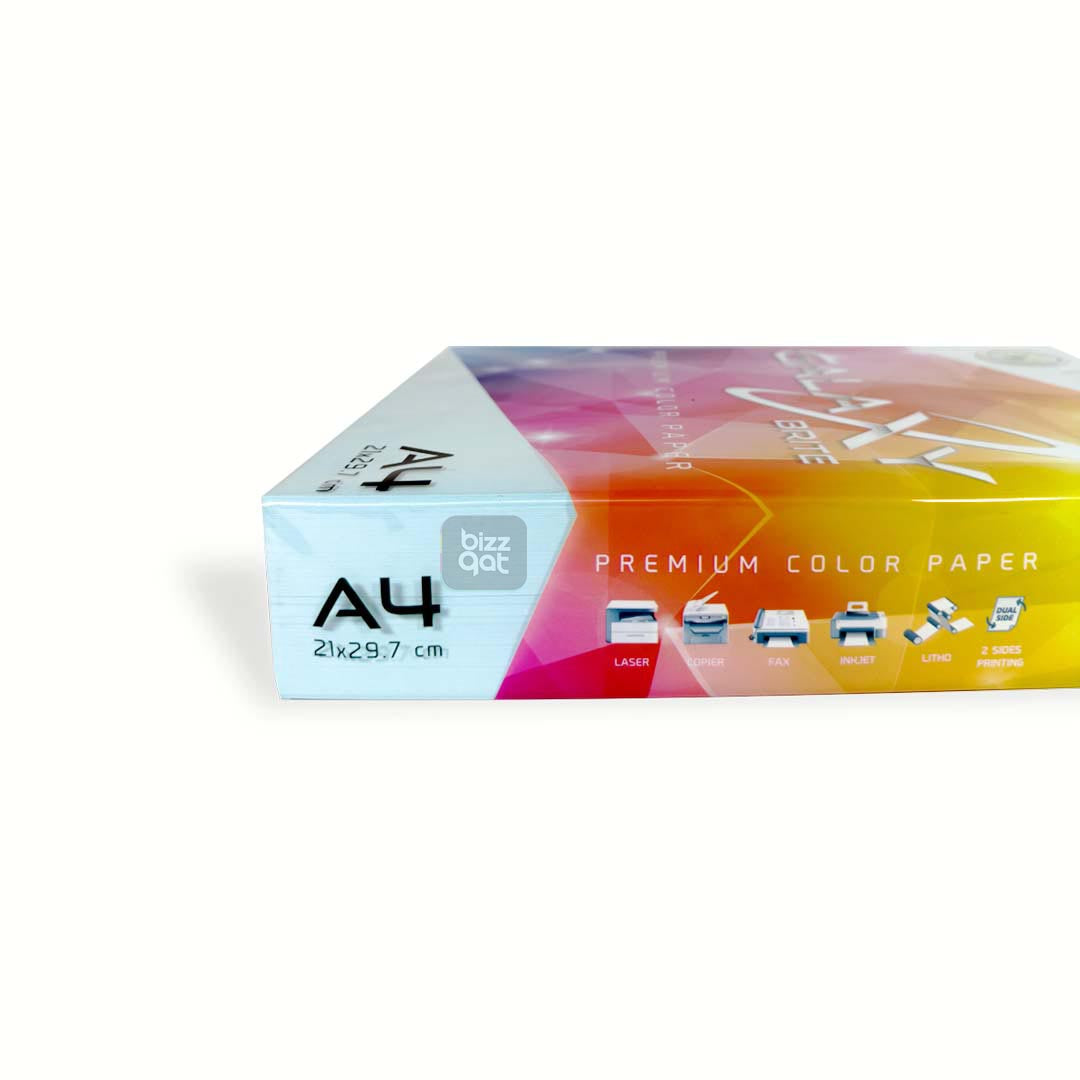 Galaxy A4 Blue Color Paper Ream has the following specifications: Paper Type: Colored Paper Brand: Galaxy Size: A4 (210mm x 297mm) Color: Blue Weight: 80gsm Finish: Smooth Quantity: 500 sheets per ream Packaging: Comes in a ream-wrapped package