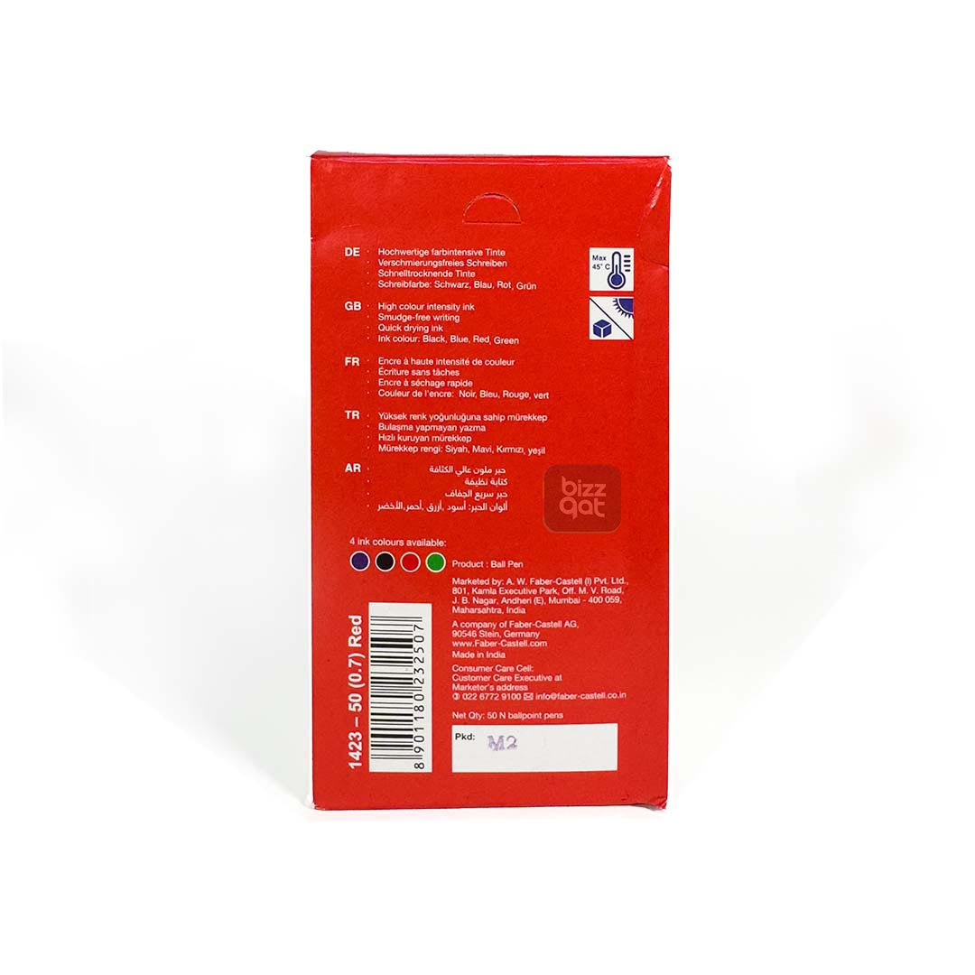 The Faber-Castell FCIN1423/50R is a ballpoint pen that comes with a red ink color. Here are the specifications: Pen type: Ballpoint pen Pen point size: 0.7 mm Ink color: Red Material: Plastic Quantity: Sold individually or in packs of multiple pens