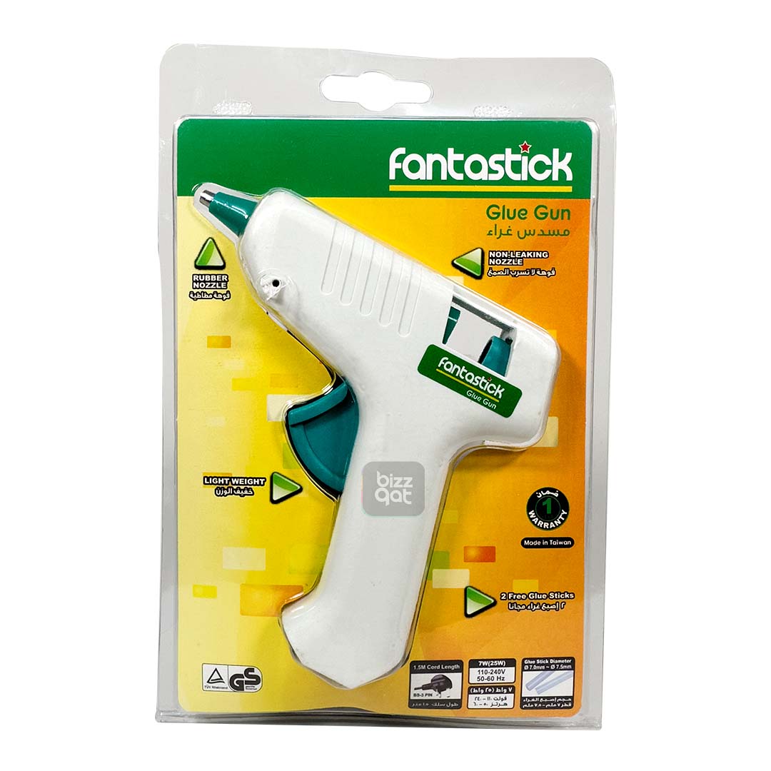 Fantastick Glue Gun Standard 7W (25W) are as follows: Power: 7W (can be adjusted to 25W) Voltage: 100-240V Frequency: 50-60Hz Warm-up time: 3-5 minutes Glue stick diameter: 7-7.5mm Highest glue output: 6-8g/min Nozzle material: rubber Cable length: 1.4m Safety features: built-in fuse to prevent overheating, on/off switch with LED indicator light Uses: suitable for bonding materials such as paper, cardboard, fabric, plastic, and wood