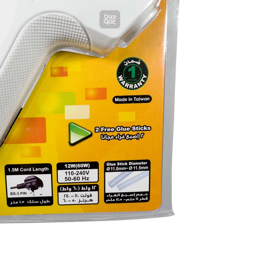 Fantastick Glue Gun Regular 12W (60W): Model: Fantastick Glue Gun Regular Wattage: 12 watts (can be used as a 60W glue gun with a special nozzle attachment) Voltage: 110-240V Frequency: 50-60 Hz Plug type: Standard 2-prong plug Glue stick diameter: 11mm Compatible glue stick length: 60-100mm Heating element: Ceramic Nozzle type: Copper On/off switch with LED indicator light Ergonomic handle design for comfortable grip Stand-up base for stability and safety Manufacturer: Fantastick