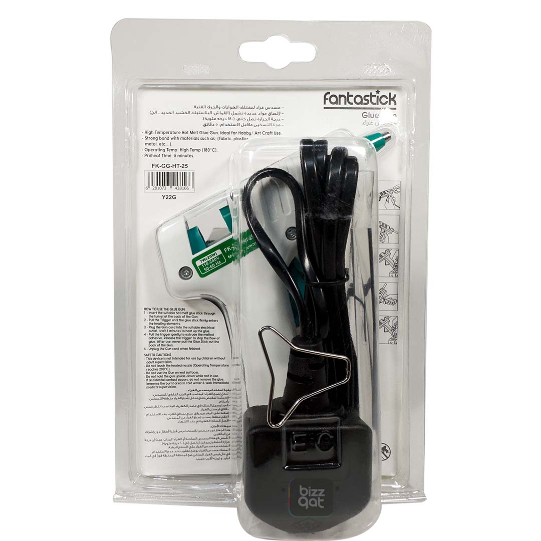 Fantastick Glue Gun Standard 7W (25W) are as follows: Power: 7W (can be adjusted to 25W) Voltage: 100-240V Frequency: 50-60Hz Warm-up time: 3-5 minutes Glue stick diameter: 7-7.5mm Highest glue output: 6-8g/min Nozzle material: rubber Cable length: 1.4m Safety features: built-in fuse to prevent overheating, on/off switch with LED indicator light Uses: suitable for bonding materials such as paper, cardboard, fabric, plastic, and wood