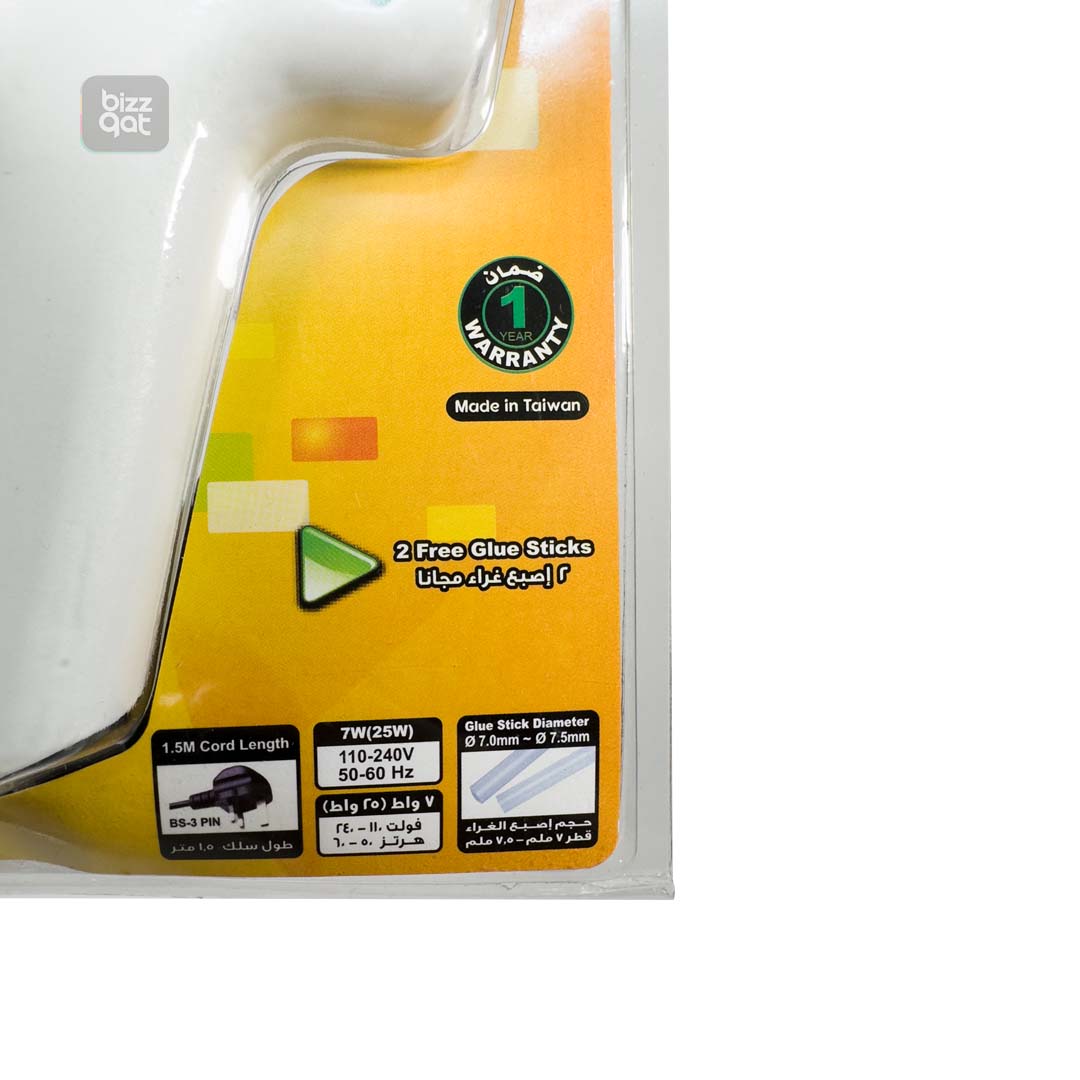 Fantastick Glue Gun Standard 7W (25W) are as follows: Power: 7W (can be adjusted to 25W) Voltage: 100-240V Frequency: 50-60Hz Warm-up time: 3-5 minutes Glue stick diameter: 7-7.5mm Highest glue output: 6-8g/min Nozzle material: rubber Cable length: 1.4m Safety features: built-in fuse to prevent overheating, on/off switch with LED indicator light Uses: suitable for bonding materials such as paper, cardboard, fabric, plastic, and wood