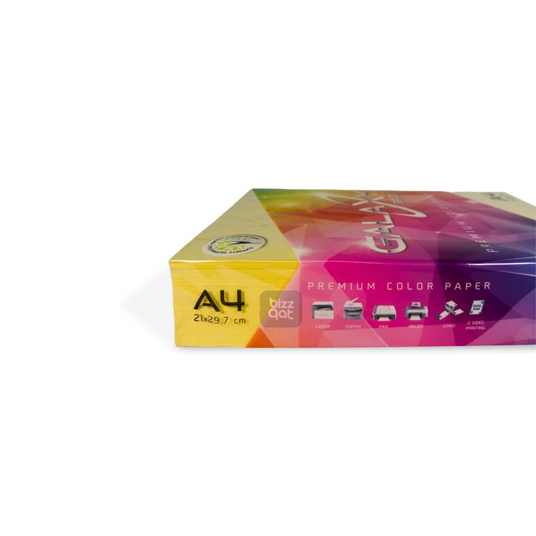 Galaxy A4 Yellow Color Paper Ream has the following specifications: Paper Type: Colored Paper Brand: Galaxy Size: A4 (210mm x 297mm) Color: Yellow Weight: 80gsm Finish: Smooth Quantity: 500 sheets per ream Packaging: Comes in a ream-wrapped package
