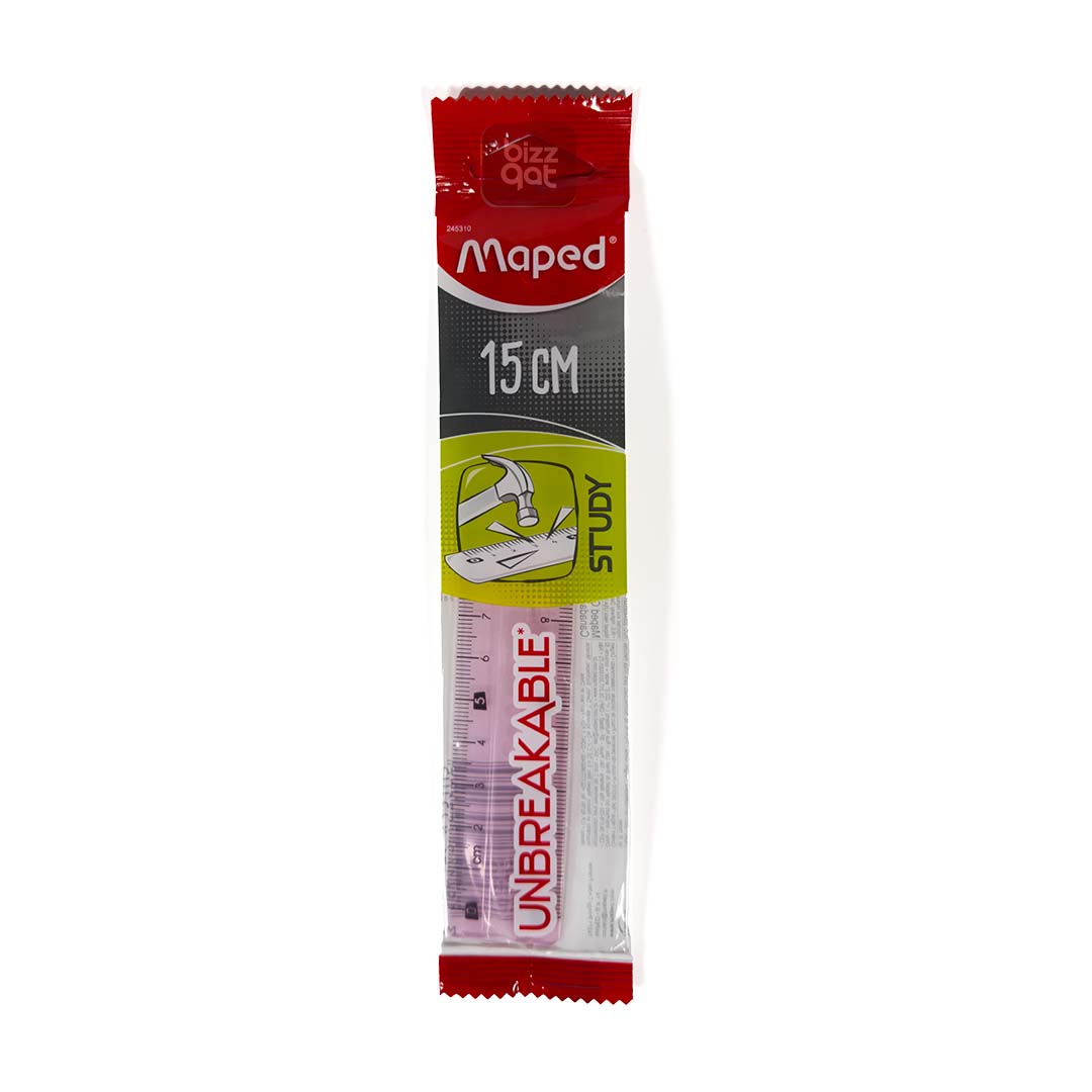 Maped Ruler Study Unbreakable 15cm BX 25pcs are as follows: Length: 15cm (6 inches) Quantity: 25 rulers per box Material: Unbreakable plastic Color: Clear with black markings Accuracy: Graduated in millimeters and centimeters Features: Shatterproof and flexible for safe and durable use Brand: Maped