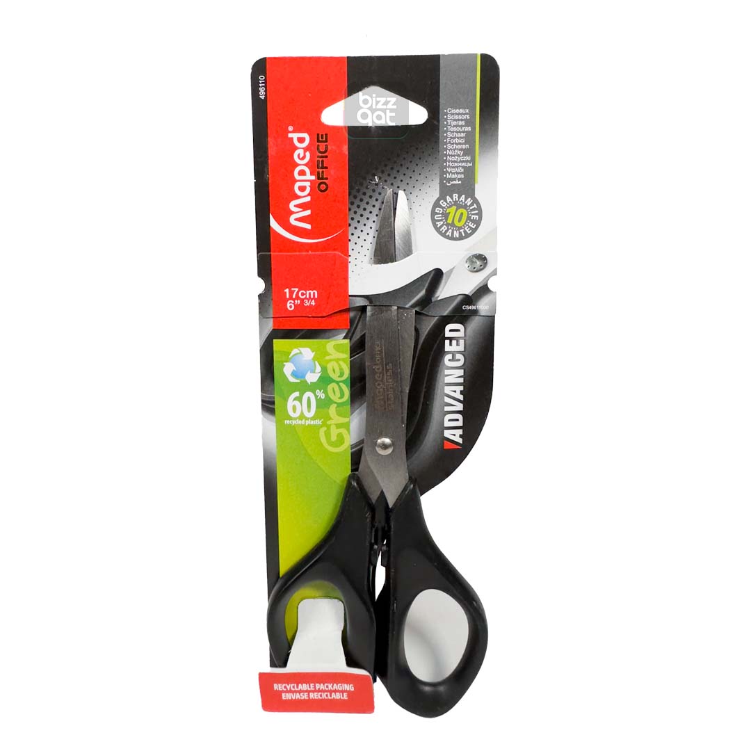 Maped Scissors 17cm Sym Advanced BLS are as follows: Length: 17cm (6.75 inches) Material: Stainless steel blades with plastic handles Color: Black with stainless steel blades Features: Symmetric design for right and left-handed use, ergonomic handles for comfortable use, adjustable screw for blade tension, and blade locking system for safety Brand: Maped