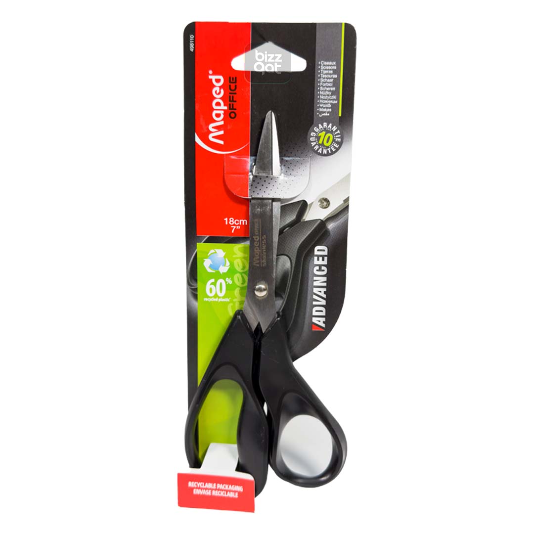 The MAPED SCISSORS 18CM ASYM ADVANCED BLS is a pair of asymmetrical scissors made by the Maped brand. Here are the specifications: Length: 18cm (7 inches) Material: Stainless steel blades with plastic handles Design: Asymmetrical design for right-handed use Features: Precision-ground blades for smooth cutting, ergonomic grip for comfortable use, and a blade locking system for safety. The "BLS" in the product name may refer to the blade locking system mentioned above.