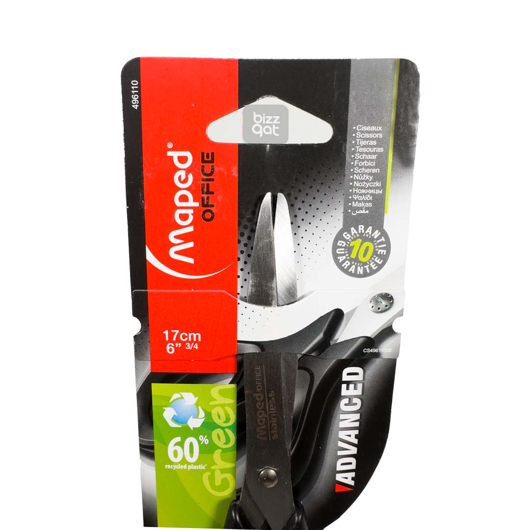 Maped Scissors 17cm Sym Advanced BLS are as follows: Length: 17cm (6.75 inches) Material: Stainless steel blades with plastic handles Color: Black with stainless steel blades Features: Symmetric design for right and left-handed use, ergonomic handles for comfortable use, adjustable screw for blade tension, and blade locking system for safety Brand: Maped