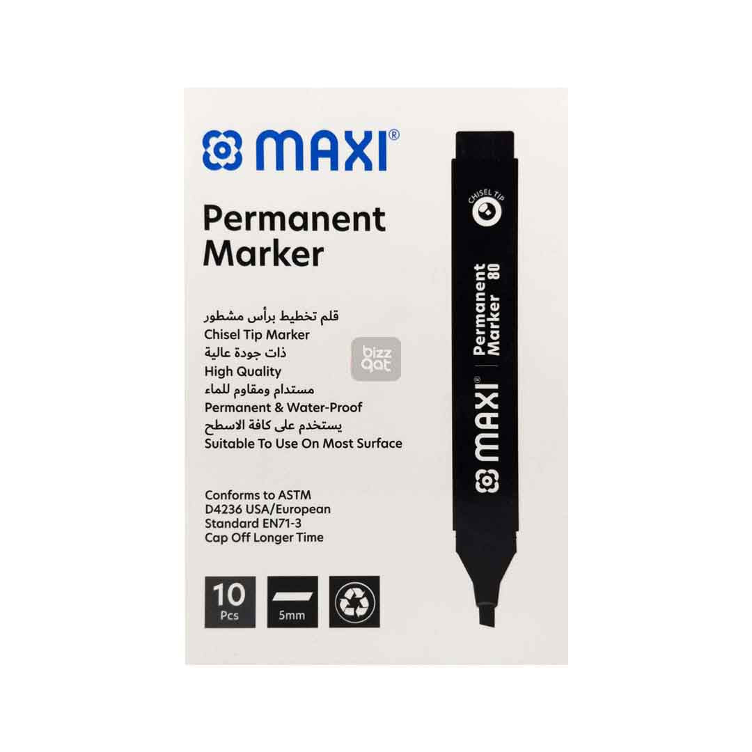 Maxi Permanent Marker Black Chisel MX-80BL10 or any other similar marker: Color: Black Tip type: Chisel tip Ink type: Permanent, waterproof and fade-resistant ink Ink color: Black