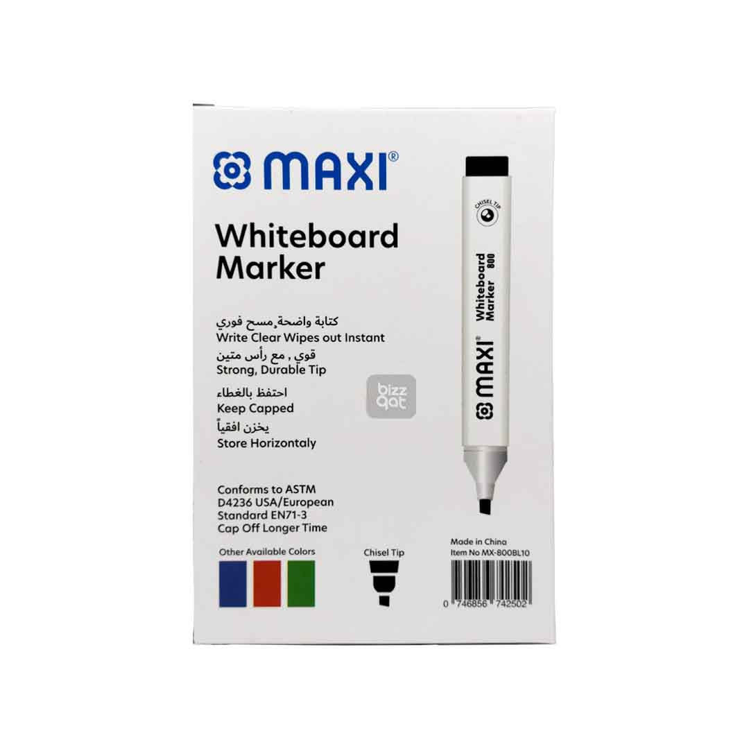 Maxi White Board Marker Black Chisel MX-800BL10: Product name: Maxi White Board Marker Black Chisel MX-800BL10 Chisel tip for creating both thin and thick lines Ink color: Black