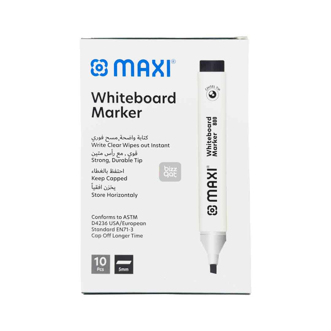 Maxi White Board Marker Black Chisel MX-800BL10: Product name: Maxi White Board Marker Black Chisel MX-800BL10 Chisel tip for creating both thin and thick lines Ink color: Black