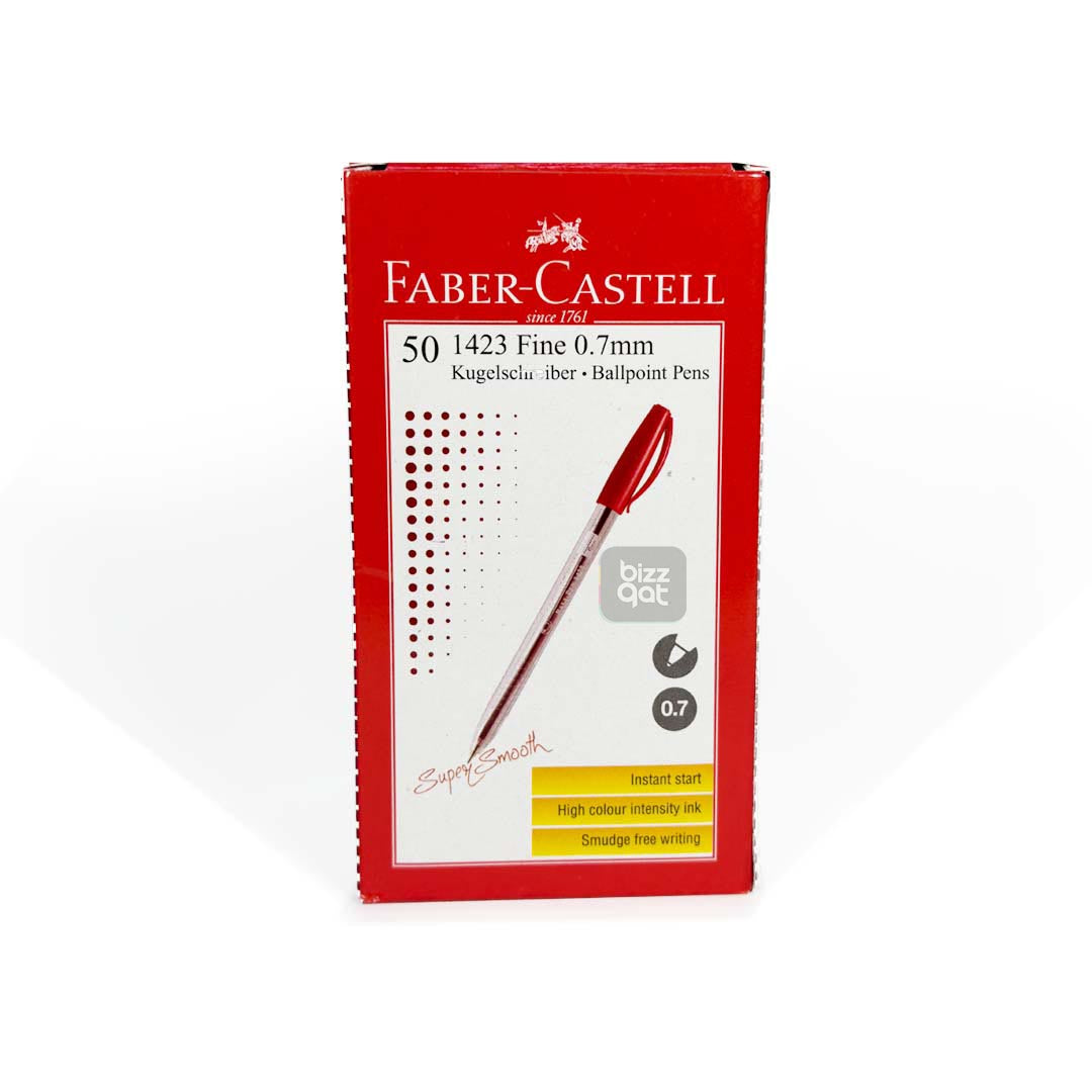 The Faber-Castell FCIN1423/50R is a ballpoint pen that comes with a red ink color. Here are the specifications:  Pen type: Ballpoint pen Pen point size: 0.7 mm Ink color: Red Material: Plastic Quantity: Sold individually or in packs of multiple pensThe Faber-Castell FCIN1423/50R is a ballpoint pen that comes with a red ink color. Here are the specifications:  Pen type: Ballpoint pen Pen point size: 0.7 mm Ink color: Red Material: Plastic Quantity: Sold individually or in packs of multiple pens