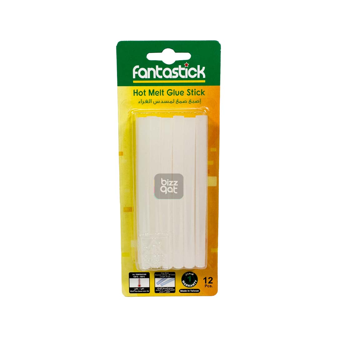 The specifications for the Fantastick Glue Stick 7.5mmx10cm are as follows:  Size: 7.5mm (diameter) x 10cm (length) Material: EVA (ethylene-vinyl acetate) Softening point: 85-95℃ Viscosity: 12,000-15,000cps Melt temperature: 160-180℃ Setting time: 15-30 seconds Color: transparent (dries clear) Quantity: pack of 10 glue sticks