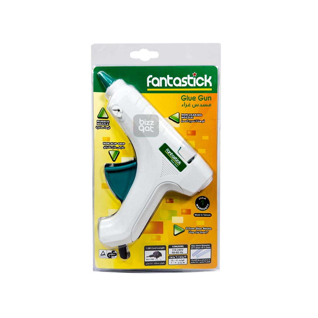 Fantastick Glue Gun Regular 12W (60W):  Model: Fantastick Glue Gun Regular Wattage: 12 watts (can be used as a 60W glue gun with a special nozzle attachment) Voltage: 110-240V Frequency: 50-60 Hz Plug type: Standard 2-prong plug Glue stick diameter: 11mm Compatible glue stick length: 60-100mm Heating element: Ceramic Nozzle type: Copper On/off switch with LED indicator light Ergonomic handle design for comfortable grip Stand-up base for stability and safety Manufacturer: Fantastick