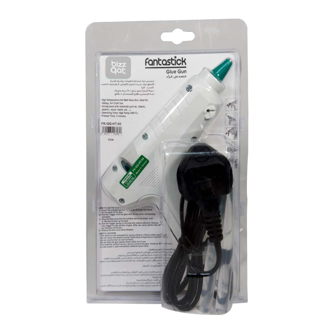 Fantastick Glue Gun Regular 12W (60W):  Model: Fantastick Glue Gun Regular Wattage: 12 watts (can be used as a 60W glue gun with a special nozzle attachment) Voltage: 110-240V Frequency: 50-60 Hz Plug type: Standard 2-prong plug Glue stick diameter: 11mm Compatible glue stick length: 60-100mm Heating element: Ceramic Nozzle type: Copper On/off switch with LED indicator light Ergonomic handle design for comfortable grip Stand-up base for stability and safety Manufacturer: Fantastick