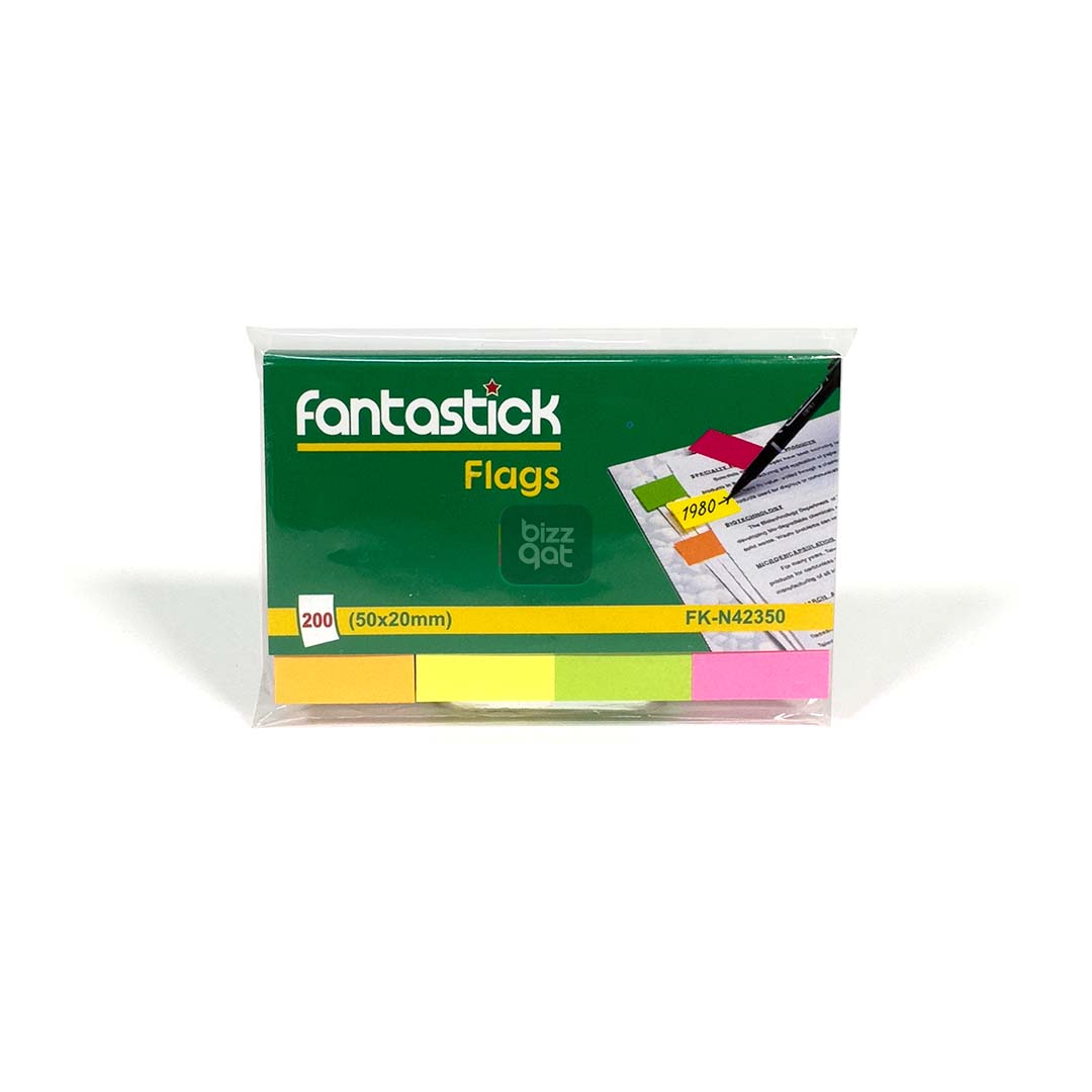 The specifications for the Fantastick Indx Ppr Self Adh 4C Box= 24 are as follows:  Type: self-adhesive index paper Colors: 4 (yellow, green, blue, pink) Quantity: 24 packs per box Sheets per pack: 200 Sheet size: 50mm x 20mm Material: paper with adhesive backing