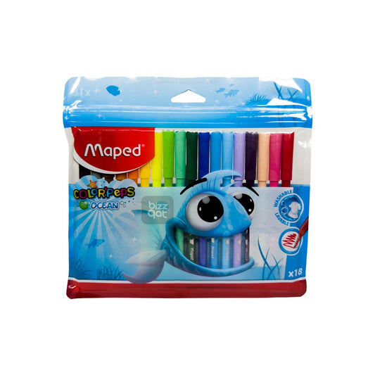 Maped Color Peps Ocean 18 Color:  Brand: Maped Type: Coloring pencils Set Size: 18 Colors Color: Ocean-themed shades (such as shades of blue, green, purple, and gray) Lead Type: Watercolor Point Type: Sharp and Resistant Barrel Material: Wood Usage: Coloring and Drawing