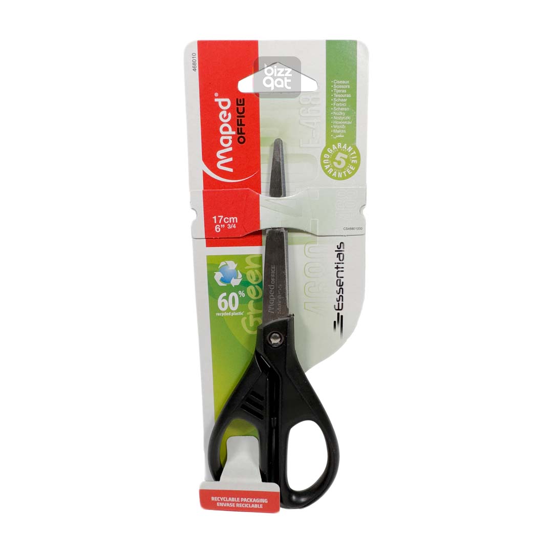 Maped Scissors 17cm Essentials BLS are as follows:  Length: 17cm (6.75 inches) Material: Stainless steel blades with plastic handles Color: Black with stainless steel blades Features: Ergonomic handles for comfortable use, adjustable screw for blade tension, and blade locking system for safety Brand: Maped