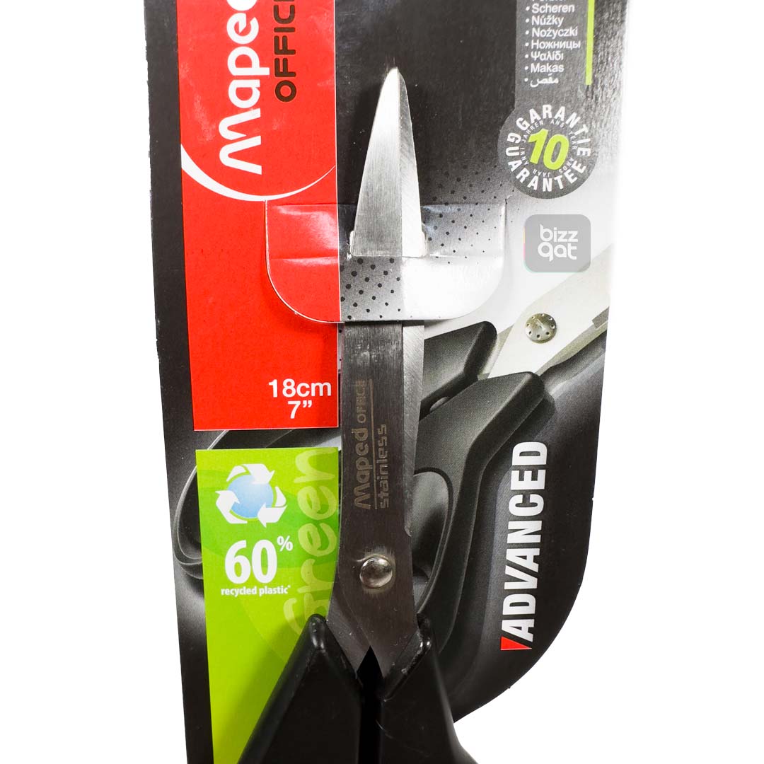 The MAPED SCISSORS 18CM ASYM ADVANCED BLS is a pair of asymmetrical scissors made by the Maped brand. Here are the specifications:  Length: 18cm (7 inches) Material: Stainless steel blades with plastic handles Design: Asymmetrical design for right-handed use Features: Precision-ground blades for smooth cutting, ergonomic grip for comfortable use, and a blade locking system for safety. The "BLS" in the product name may refer to the blade locking system mentioned above.