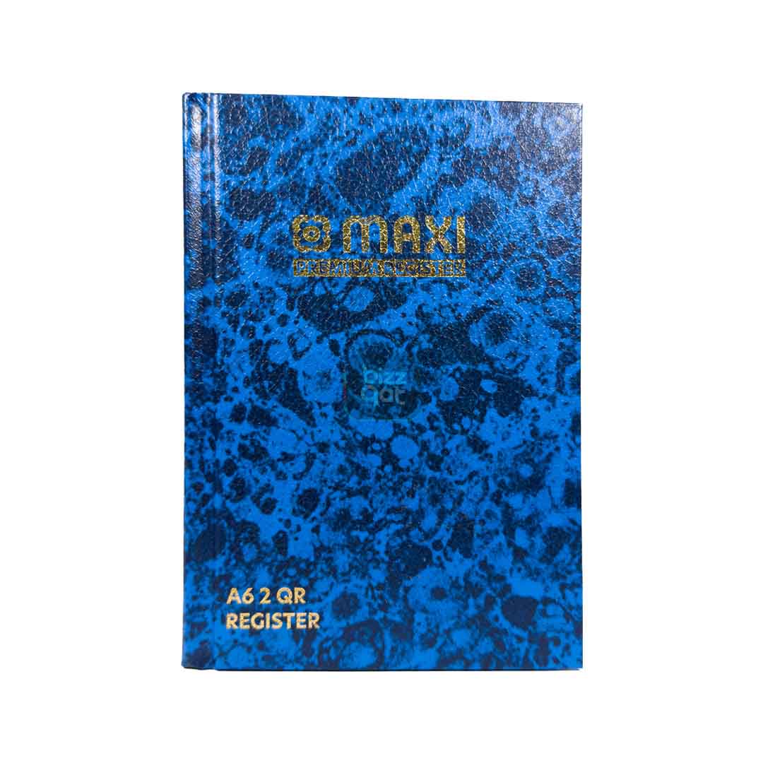 Product Name: Maxi Register Book MAXIA62QR  Brand: Maxi  Model Number: MAXIA62QR  Type: Register Book  Size: A6 size (105 x 148mm)  Pages: 96 sheets  Cover Material: Hard cover  Cover Color: Blue  Paper Color: White  Paper Type: Ruled