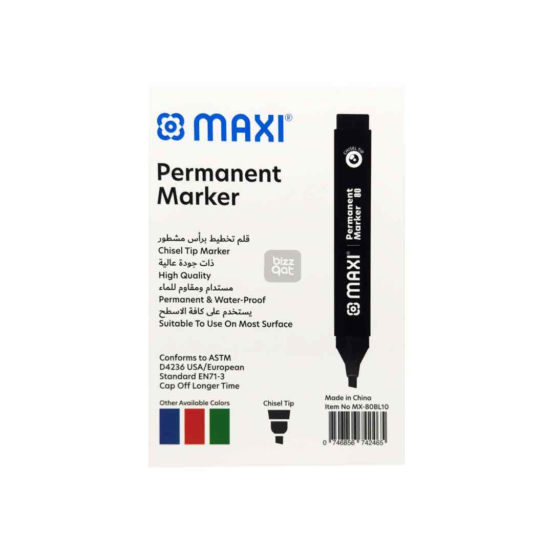 Maxi Permanent Marker Black Chisel MX-80BL10 or any other similar marker:  Color: Black Tip type: Chisel tip Ink type: Permanent, waterproof and fade-resistant ink Ink color: Black