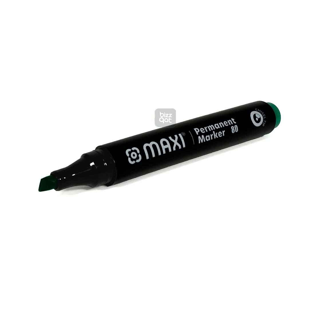 Maxi Permanent Marker Green Chisel MX-80G10:  Color: Green Tip type: Chisel tip Ink type: Permanent, waterproof, and fade-resistant ink Ink color: Green Barrel type: Plastic barrel