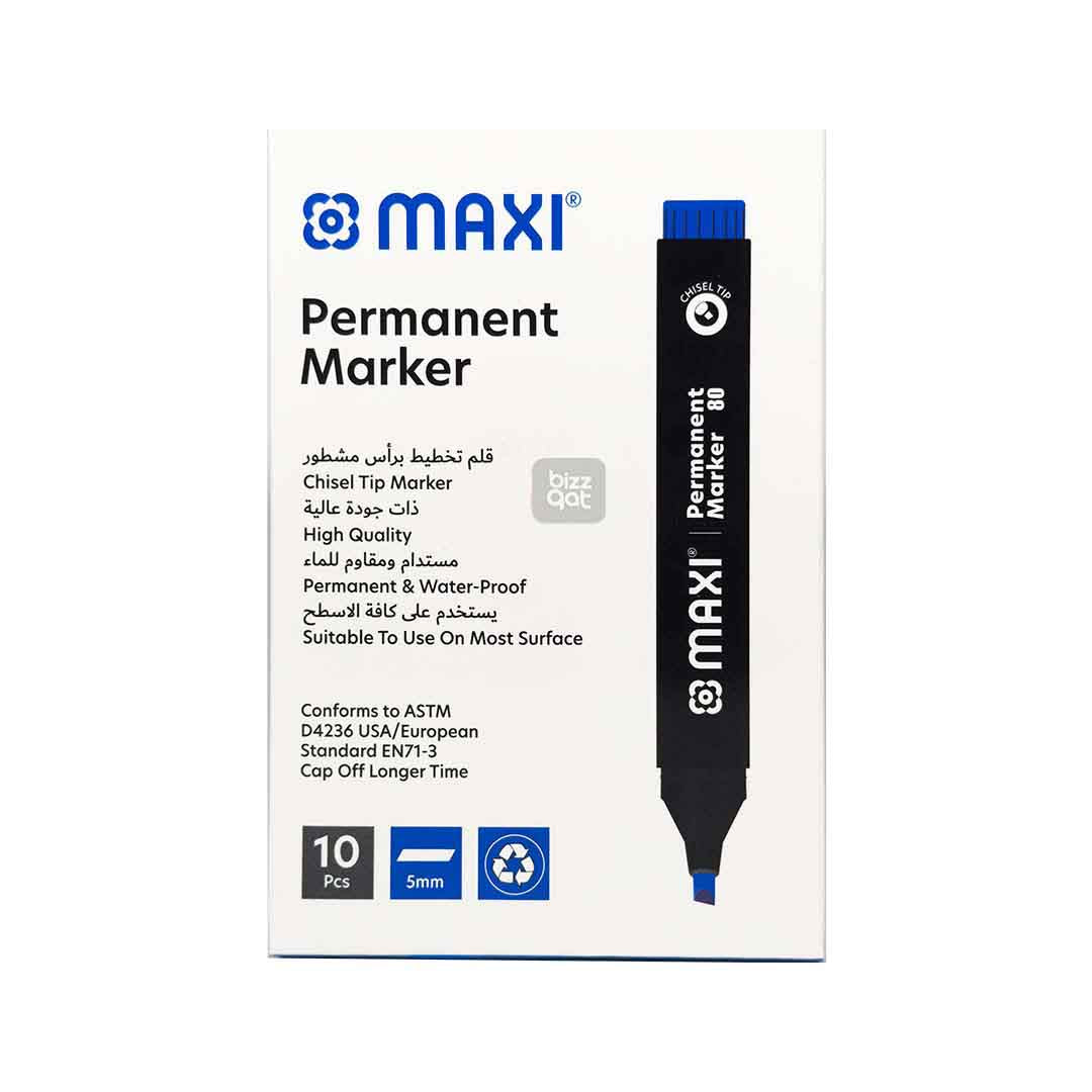 Maxi Permanent Marker Blue Chisel MX-80B10:  Color: Blue Tip type: Chisel tip Ink type: Permanent, waterproof, and fade-resistant ink Ink color: Blue