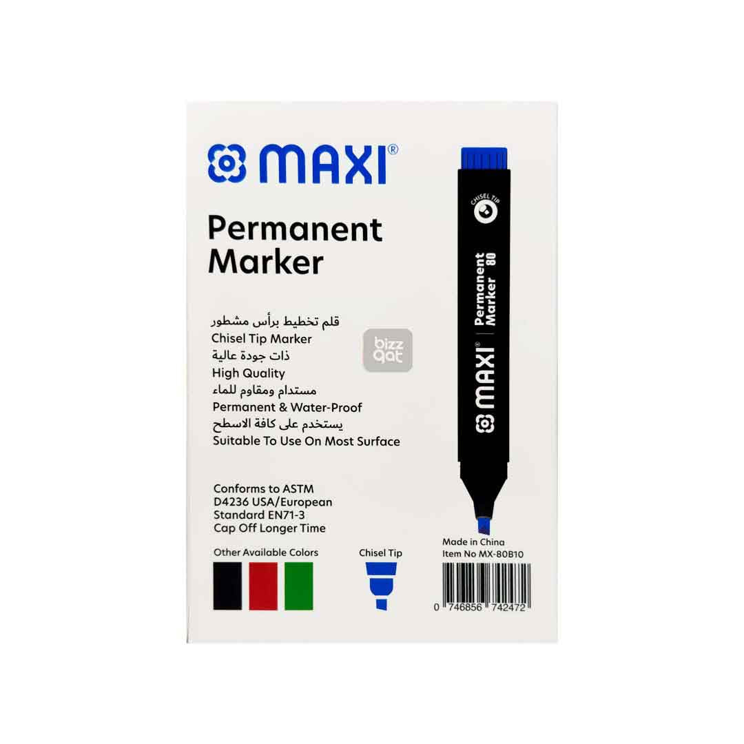 Maxi Permanent Marker Blue Chisel MX-80B10:  Color: Blue Tip type: Chisel tip Ink type: Permanent, waterproof, and fade-resistant ink Ink color: Blue