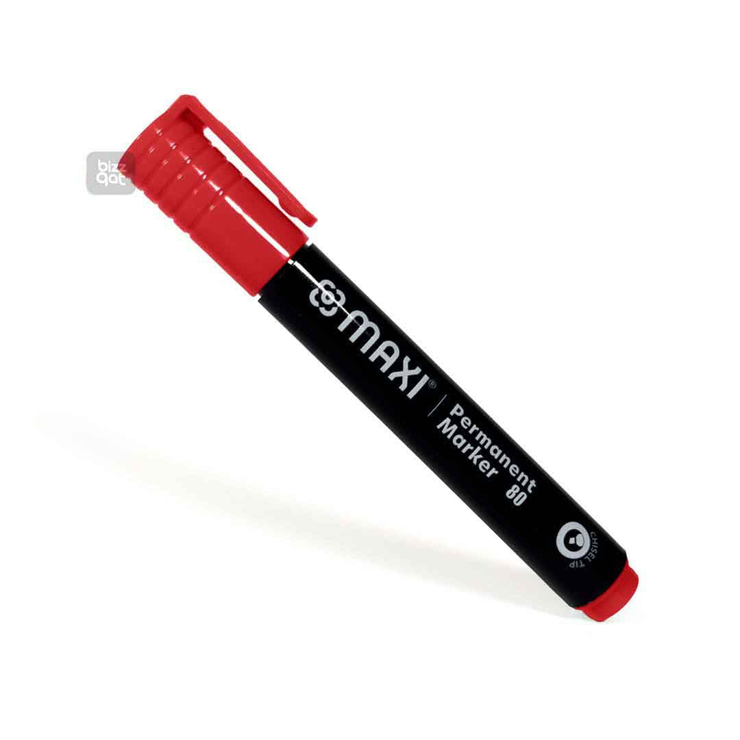 Maxi Permanent Marker Red Chisel MX-80R10:  Color: Red Tip type: Chisel tip Ink type: Permanent, waterproof, and fade-resistant ink Ink color: Red