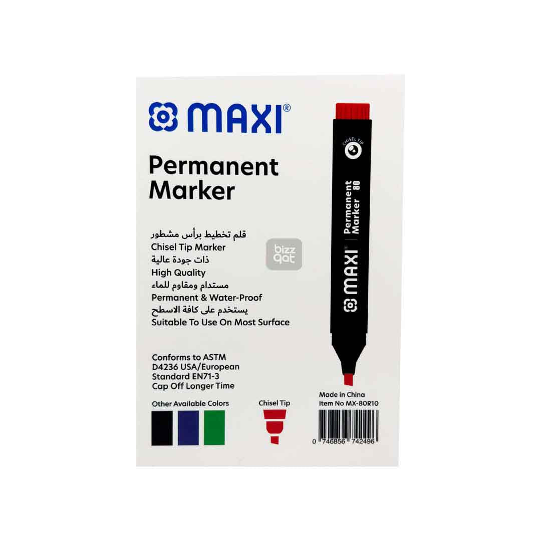 Maxi Permanent Marker Red Chisel MX-80R10:  Color: Red Tip type: Chisel tip Ink type: Permanent, waterproof, and fade-resistant ink Ink color: Red