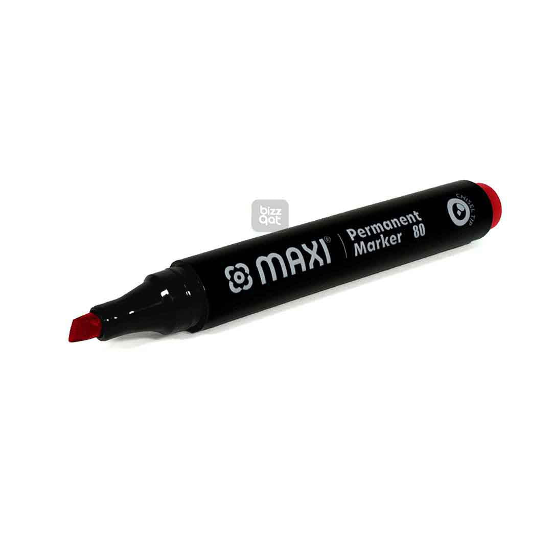 Maxi Permanent Marker Red Chisel MX-80R10:  Color: Red Tip type: Chisel tip Ink type: Permanent, waterproof, and fade-resistant ink Ink color: Red