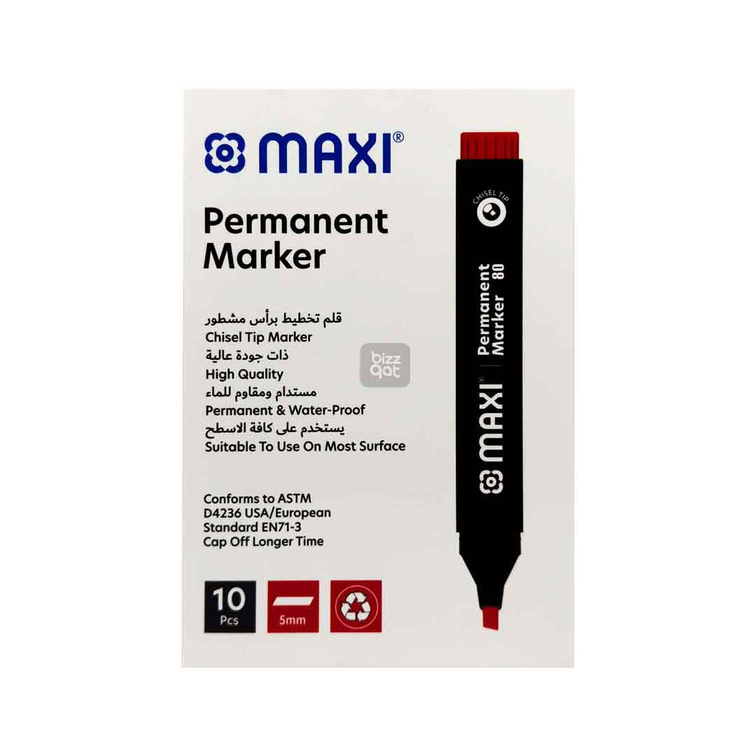 Maxi Permanent Marker Red Chisel MX-80R10:  Color: Red Tip type: Chisel tip Ink type: Permanent, waterproof, and fade-resistant ink Ink color: Red