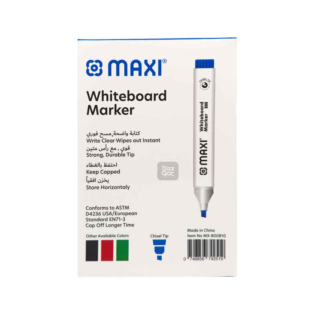 Maxi White Board Marker Blue Chisel MX-800B10:  Product name: Maxi White Board Marker Blue Chisel MX-800B10 Chisel tip for creating both thin and thick lines Ink color: Blue