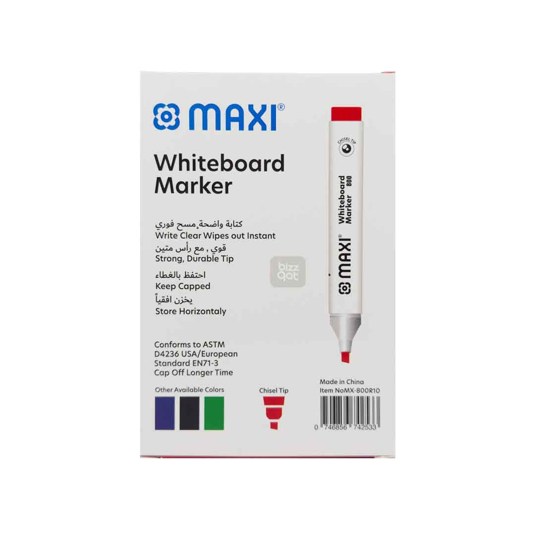 Maxi White Board Marker Red Chisel MX-800R10:  Product name: Maxi White Board Marker Red Chisel MX-800R10 Chisel tip for creating both thin and thick lines Ink color: Red