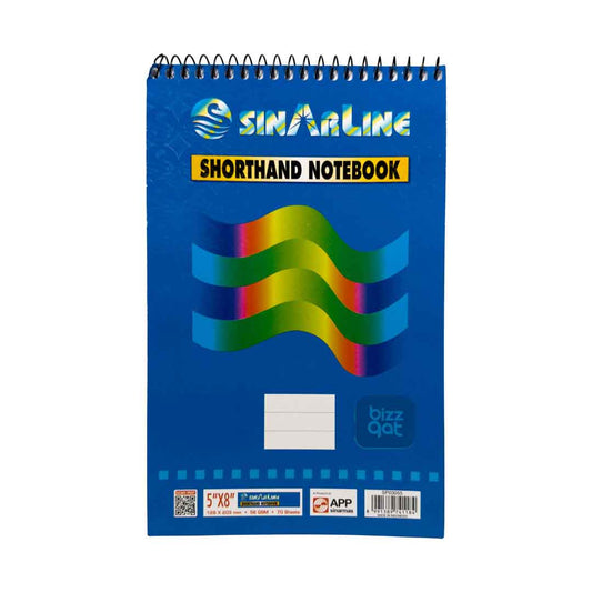 Specifications for the Spiral Shorthand Notebook Sinarline Pad70S-SP03055:  Paper Size: 125mm x 200mm Paper Type: Ruled paper Paper Weight: 70gsm Binding Type: Side spiral binding Number of Pages: 70 sheets (140 pages)