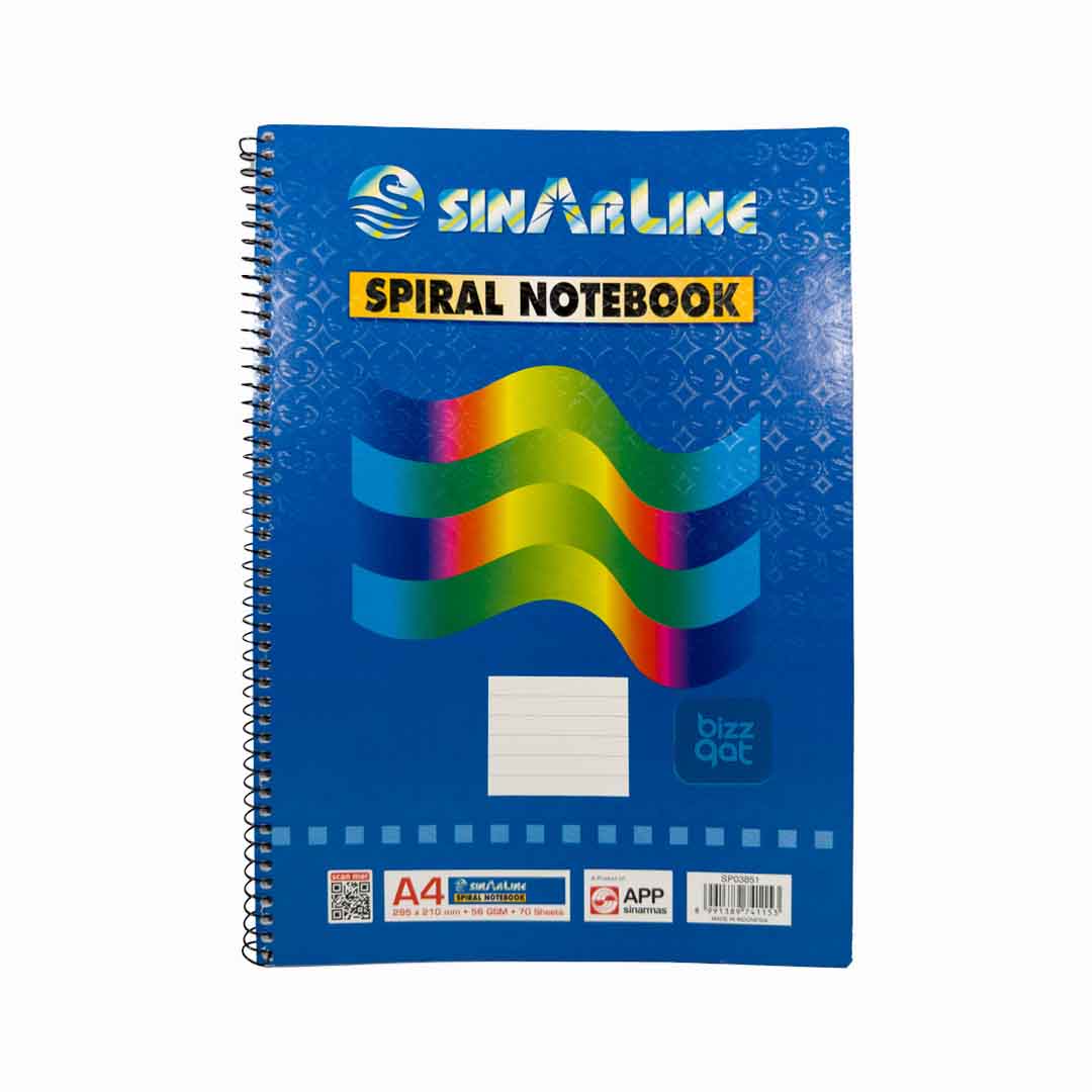 Specifications for the Side Spiral A4 Sinarline 70S SP03851 PTSIDESPIRAL:  Paper Size: A4 (210mm x 297mm) Paper Type: Ruled paper with margin Paper Weight: 70gsm Binding Type: Side spiral binding Number of Pages: 70 sheets (140 pages)