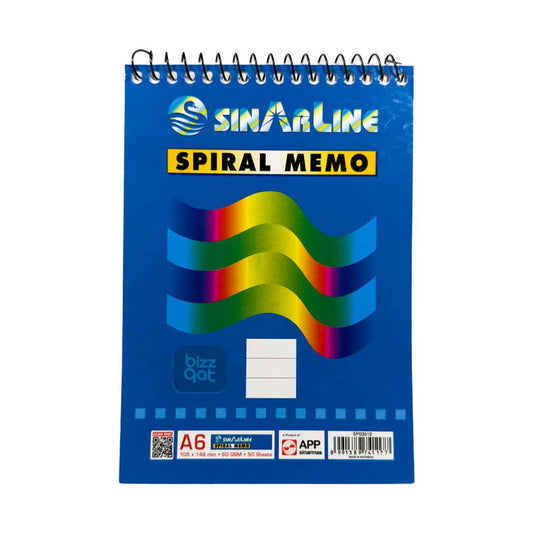 Specifications for the Spiral Memo Book Sinarline A6-SP03512 PTSPIRALA6:  Paper Size: A6 (105mm x 148mm) Paper Type: Ruled paper with margin Paper Weight: 60gsm Binding Type: Top spiral binding Number of Pages: 60 sheets (120 pages