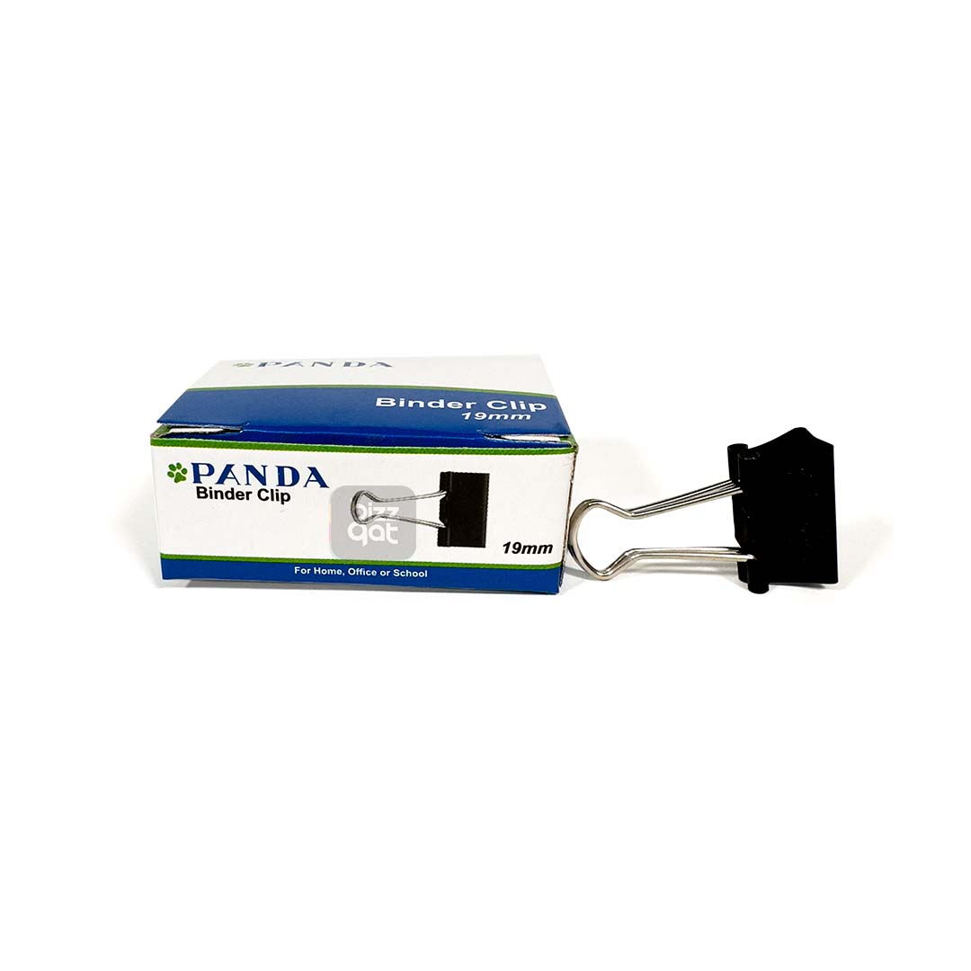 "PANDA BINDER CLIPS 19MM 3/4"" PD-BC19"  	•	Material: metal (typically steel or nickel-plated steel) 	•	Size: 19mm width (or approximately 3/4 inch) 	•	Capacity: can hold up to a certain number of sheets of paper (this can vary depending on the specific clip) 	•	Color: black 	•	Quantity: sold in package of 12pcs