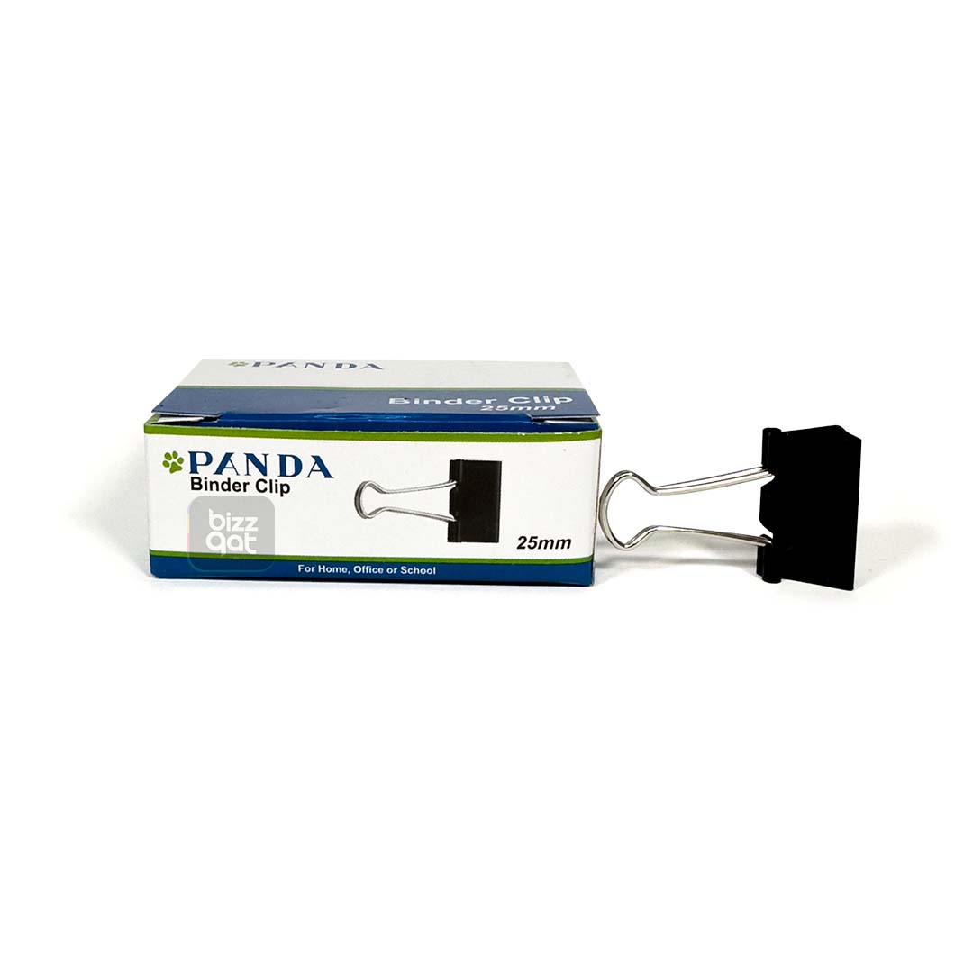 "PANDA BINDER CLIPS 25MM 1"" PD-BC25" 	•	Material: metal (typically steel or nickel-plated steel) 	•	Size: 25mm width (or approximately 1 inch) 	•	Capacity: can hold up to a certain number of sheets of paper (this can vary depending on the specific clip) 	•	Color: black 	•	Quantity: sold in packages of 12pcs