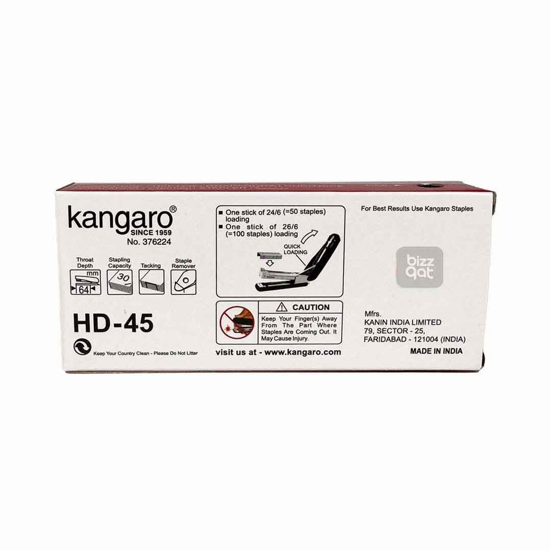 The Kangaro HD 45 stapler is designed for everyday use in the office or home environment. It can staple up to 45 sheets of paper and uses standard 24/6 and 26/6 staples. The all-metal body and plastic handle provide durability and comfort during use, while the non-skid base ensures stability on any surface. The stapler has a throat depth of 80mm and a loading capacity of 50 staples. It does not have a built-in staple storage compartment or an adjustable paper guide.