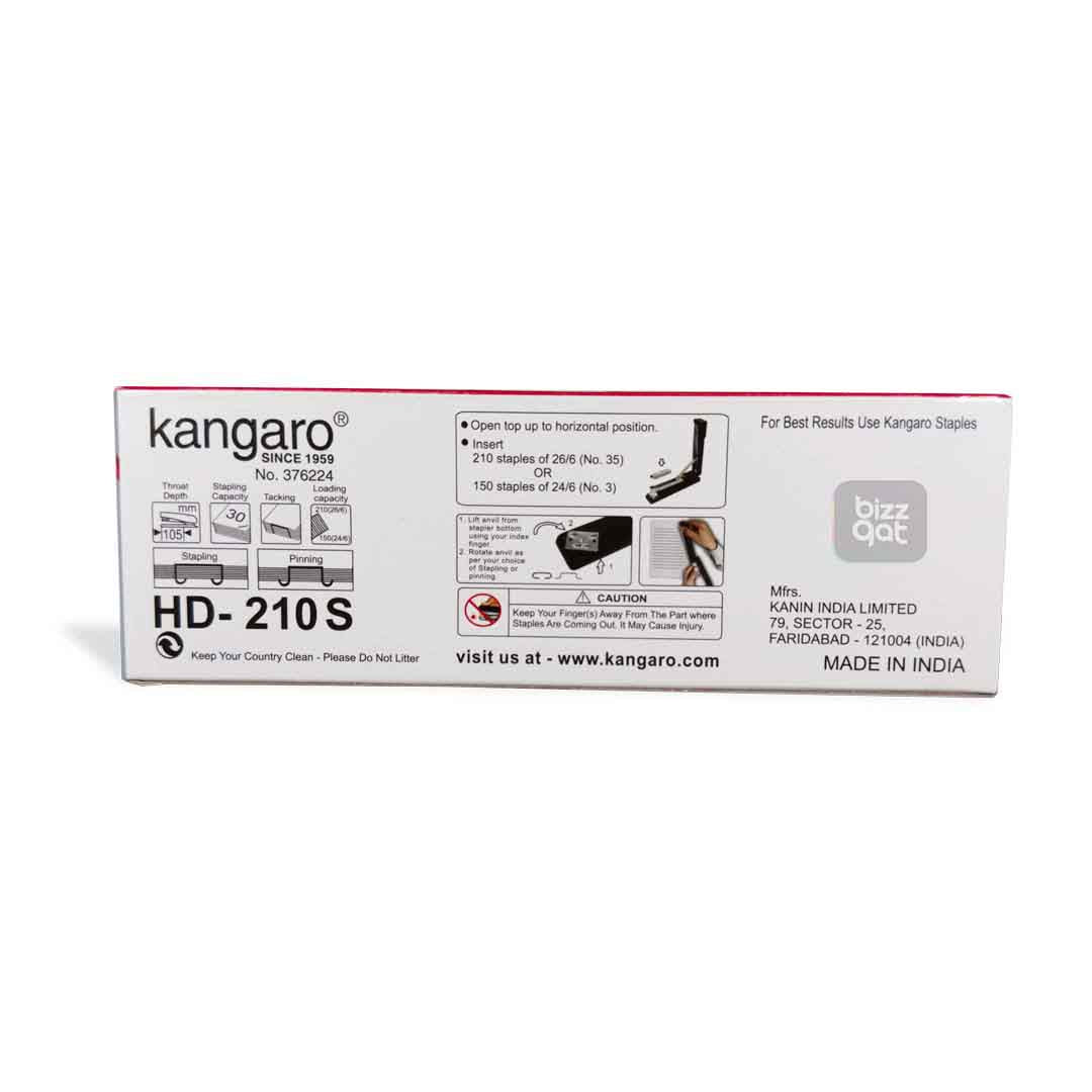 The Kangaro HD210S KILHD210S is a sturdy and durable stapler designed for use in offices, schools, and homes. Here are the specifications:  Model: KILHD210S Brand: Kangaro Staple type: 24/6, 26/6 Stapling capacity: Up to 20 sheets of 70 gsm paper Throat depth: 65mm Loading capacity: 100 staples Construction: Metal body with a plastic handle and base Staple storage: No Adjustable paper guide: Yes, with a locking mechanism Non-skid base: Yes, to prevent slipping during use