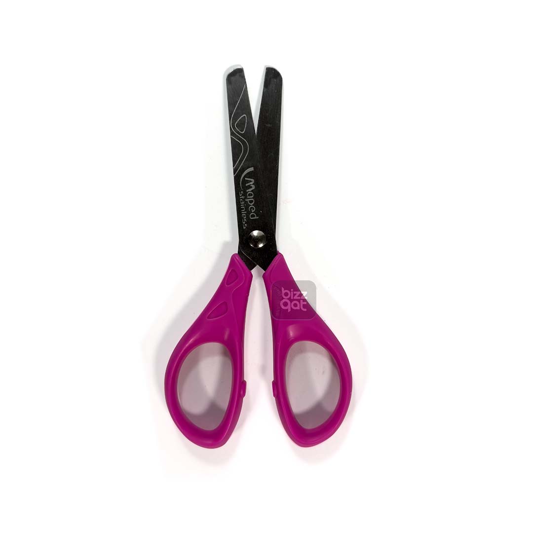 The MAPED SCISSORS PULSE ESSENTIAL 13CM DSP 24 is a pair of scissors made by the Maped brand. Here are the specifications:  Length: 13cm (5 inches) Material: Stainless steel blades with plastic handles Design: Symmetrical design for both right and left-handed use