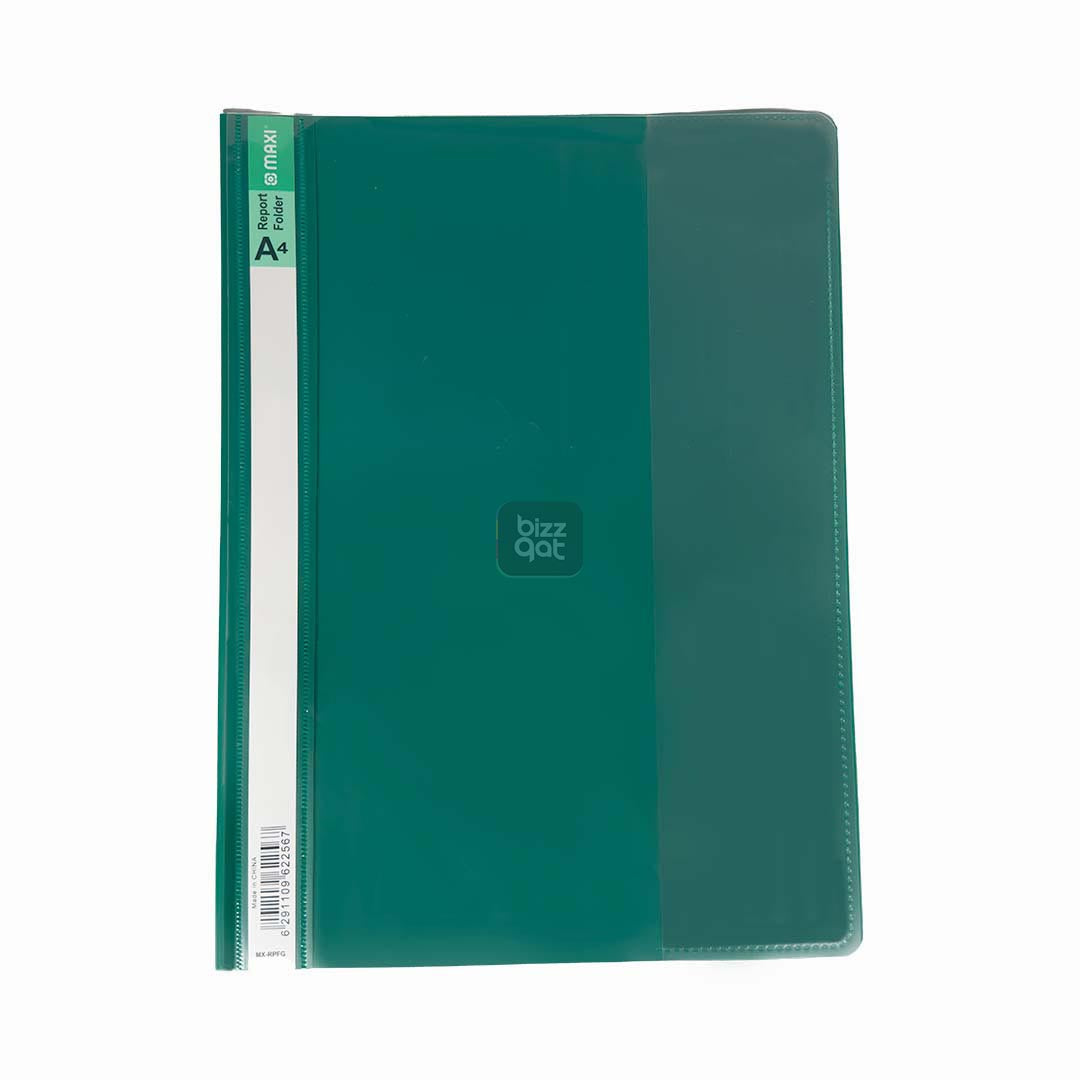 Maxi Report File A4 GREEN MX-RPFG:  Product type: Report file folder Size: A4 Color: Green Material: Polypropylene Features: Clear cover for easy visibility of contents, opaque back cover for added protection, inner pockets for holding loose papers, business cards, or CDs Capacity: Holds up to 50 sheets of A4 paper (80 gsm)