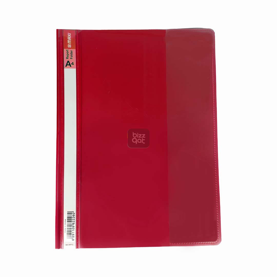 Maxi Report File A4 RED MX-RPFR:  Product type: Report file folder Size: A4 Color: Red Material: Polypropylene Features: Clear cover for easy visibility of contents, opaque back cover for added protection, inner pockets for holding loose papers, business cards, or CDs Capacity: Holds up to 50 sheets of A4 paper (80 gsm)