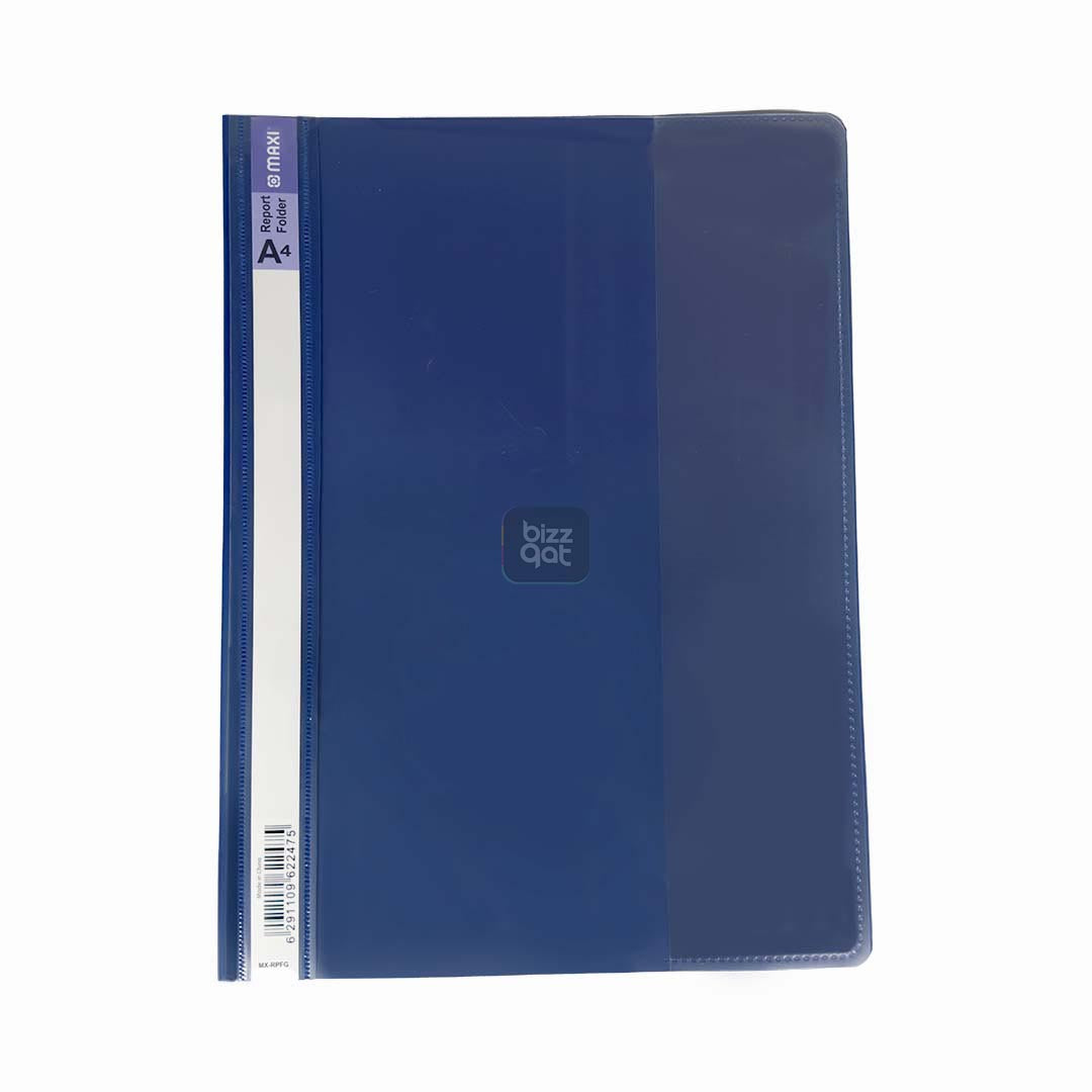 Maxi Report File A4 BLUE MX-RPFB:  Product type: Report file folder Size: A4 Color: Blue Material: Polypropylene Features: Clear cover for easy visibility of contents, opaque back cover for added protection, inner pockets for holding loose papers, business cards, or CDs Capacity: Holds up to 50 sheets of A4 paper (80 gsm)