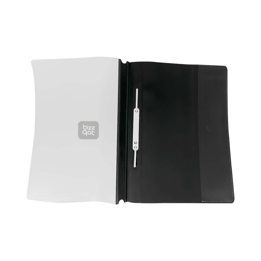 Maxi Report File A4 BLACK MX-RPFBL:  Product type: Report file folder Size: A4 Color: Black Material: Polypropylene Features: Clear cover for easy visibility of contents, opaque back cover for added protection, inner pockets for holding loose papers, business cards, or CDs Capacity: Holds up to 50 sheets of A4 paper (80 gsm)