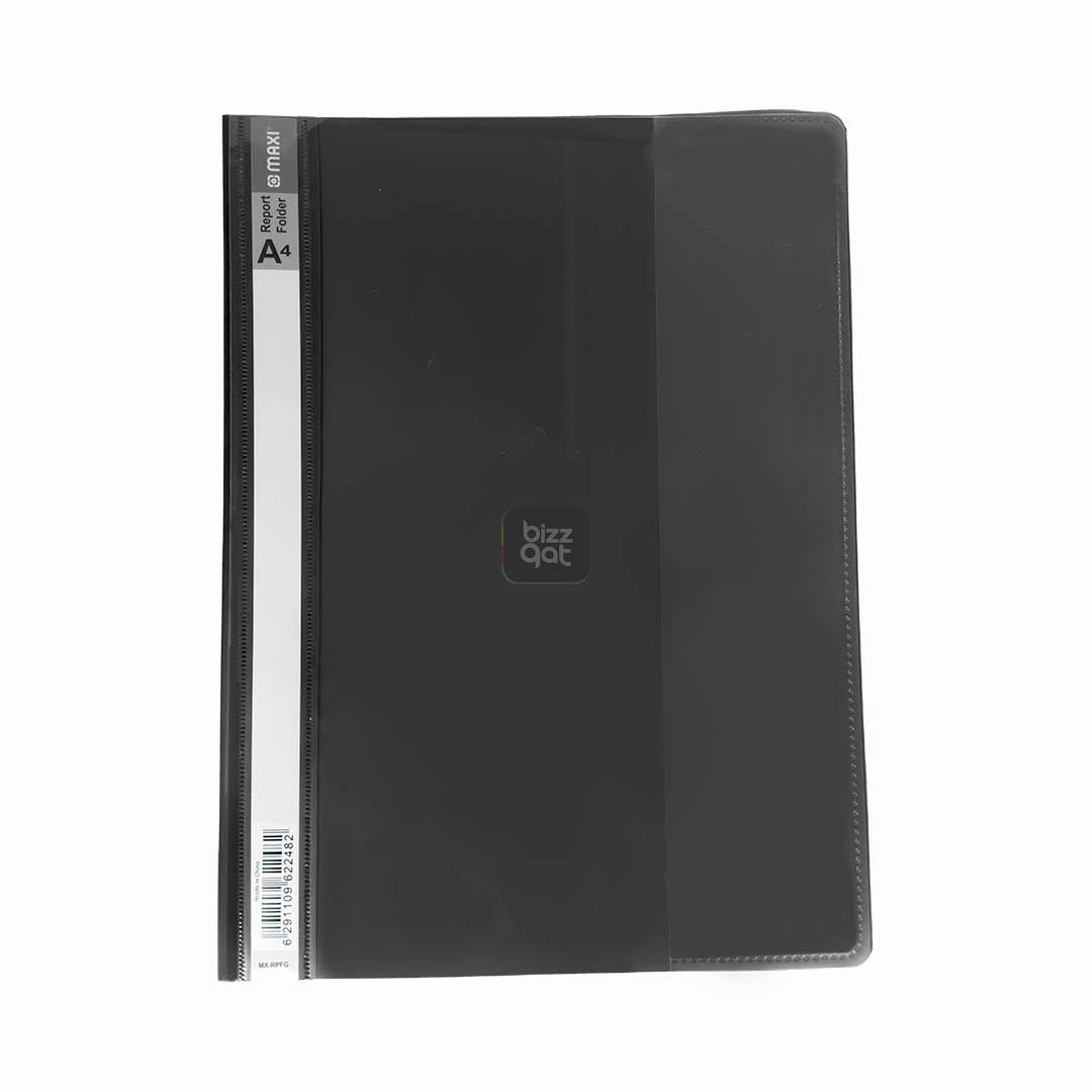 Maxi Report File A4 BLACK MX-RPFBL:  Product type: Report file folder Size: A4 Color: Black Material: Polypropylene Features: Clear cover for easy visibility of contents, opaque back cover for added protection, inner pockets for holding loose papers, business cards, or CDs Capacity: Holds up to 50 sheets of A4 paper (80 gsm)