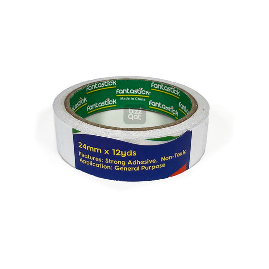 The FANTASTICK Double-Sided Tape 1"X12YARDS PK 6ROLLS is an adhesive tape that has adhesive on both sides of the tape. The specifications for this tape are as follows:  Tape width: 1 inch Tape length: 12 yards per roll Pack quantity: 6 rolls per pack Adhesive type: Double-sided